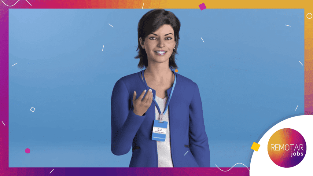 Uma mulher animada com cabelo curto e escuro, vestindo uma jaqueta azul e um crachá, sorri calorosamente enquanto gesticula contra um fundo azul. Uma borda colorida emoldura a imagem, junto com o logotipo de empregos REMOTAR e dicas de oportunidades "vagas remotas no Luizalabs".