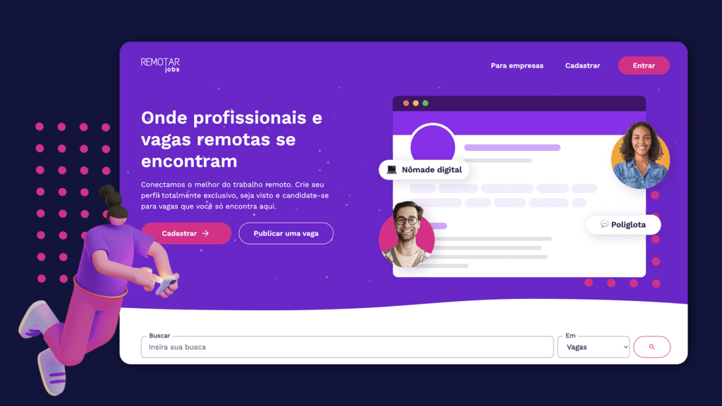 Uma interface de site mostrando uma plataforma de empregos para trabalho remoto. Os recursos incluem uma barra de pesquisa, prévias de perfil com fotos e opções para registrar ou postar um emprego. O fundo é uma mistura de tons roxos e rosa com um gráfico de uma pessoa segurando um tablet.