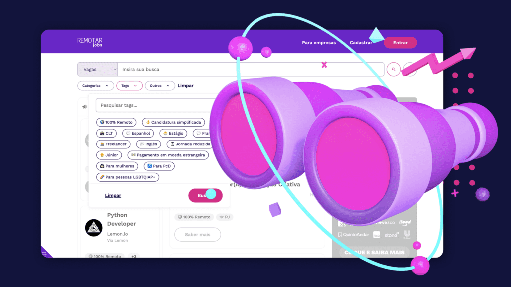 Uma interface colorida de site de busca de emprego com binóculos em primeiro plano. O site mostra filtros para trabalho remoto e tags como 100% Remoto, Candidato Simpf2hire e Desenvolvedor Python. Um efeito 3D adiciona um visual dinâmico e moderno.