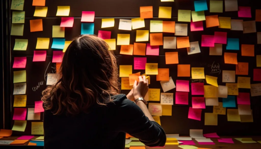 Uma pessoa com cabelo longo organizando post-its coloridos em uma parede, provavelmente fazendo brainstorming ou planejando. Os post-its estão em vários tons de rosa, amarelo, laranja e azul, criando uma cena visualmente vibrante.