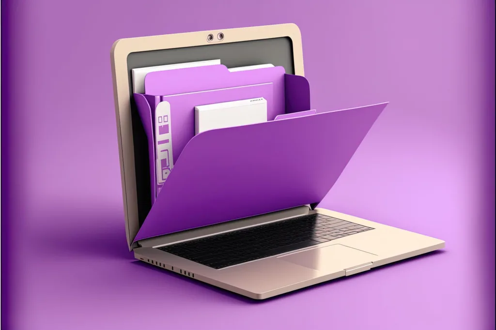 Um laptop é retratado em um fundo roxo com sua tela levemente inclinada para trás. Em vez de um display, uma grande pasta roxa com documentos se projeta da tela, simbolizando o armazenamento de arquivos digitais.