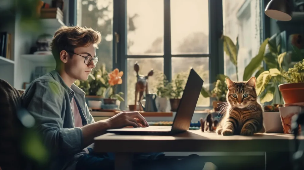 Uma pessoa com óculos trabalha em um laptop em uma mesa de madeira em uma sala ensolarada cheia de plantas, explorando vagas remotas. Um gato listrado senta-se ao lado deles, olhando atentamente. Atmosfera aconchegante e serena.