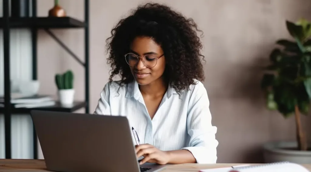 Uma mulher com cabelo cacheado e óculos está focada em seu laptop em uma sala aconchegante com plantas e prateleiras ao fundo. Ela está usando uma camisa branca e parece estar trabalhando ou estudando.