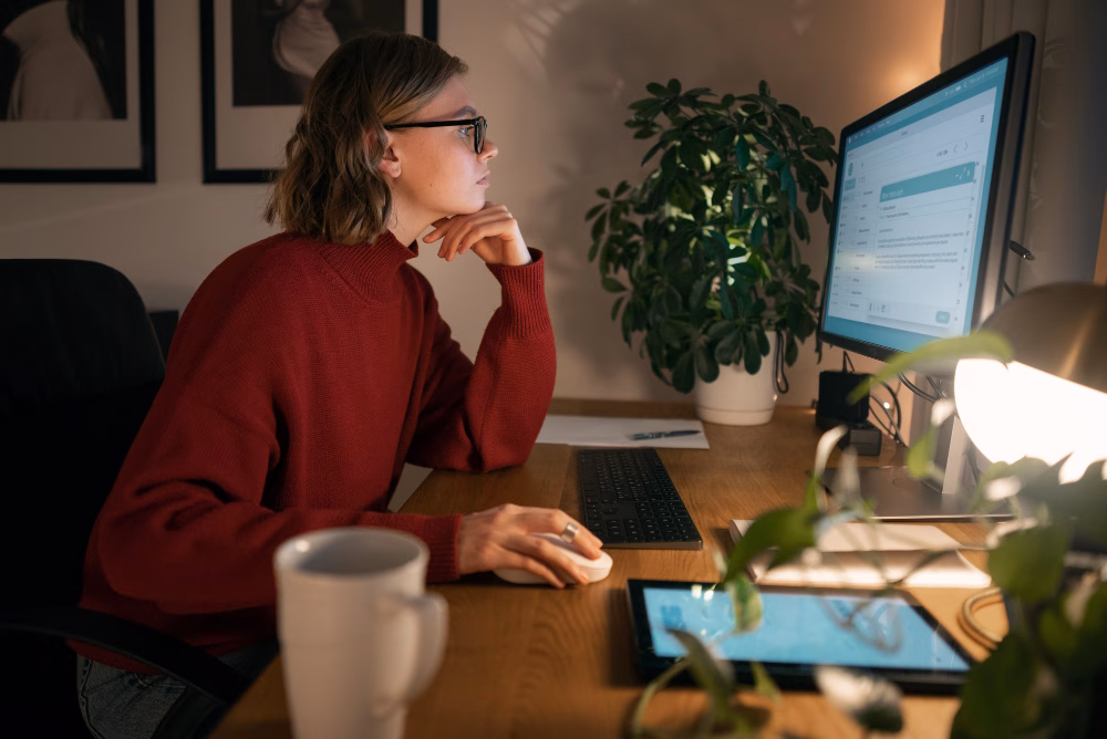 Mulher está à frente de uma grande tela de computador, aparentemente pesquisando informações.
