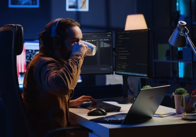 Uma pessoa usando fones de ouvido bebe de uma caneca enquanto trabalha como técnico em uma mesa com vários monitores de computador, um laptop e um teclado em uma sala mal iluminada.